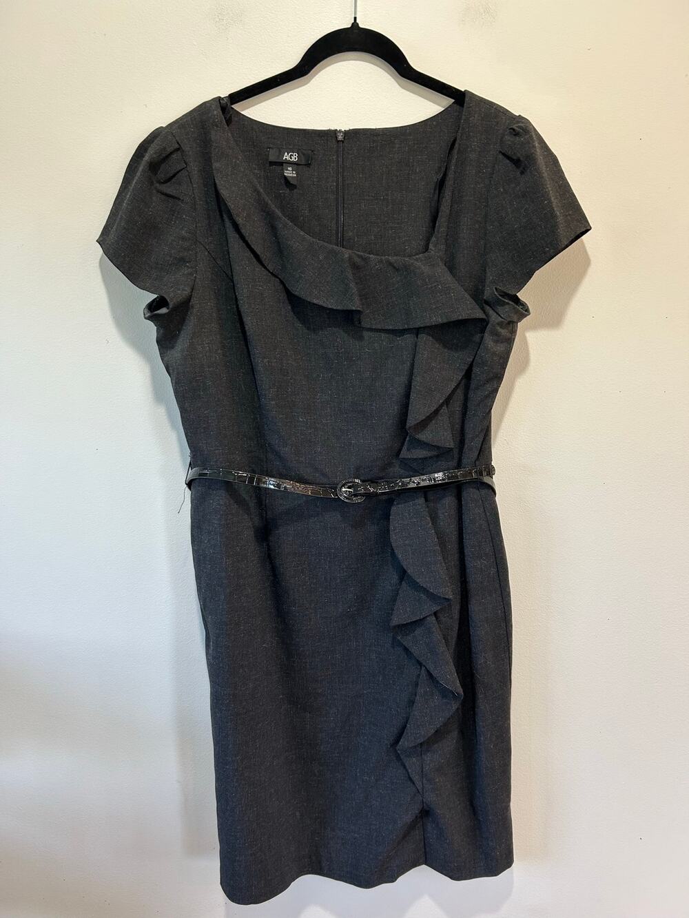AGB grey dress size 16 sheath knee length career office workwear ruffle